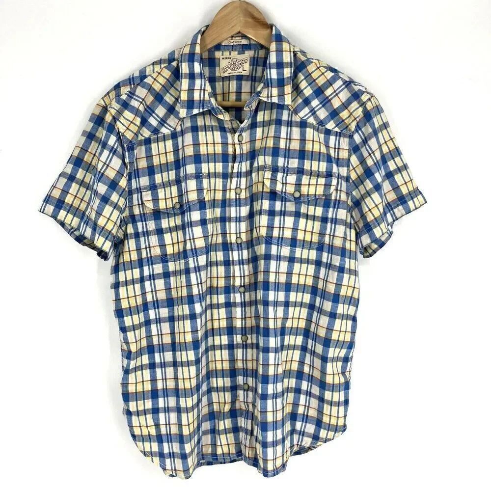 Lucky Brand Shirt Size Large Mens Yellow Blue Pearl Snap Western Short Sleeve